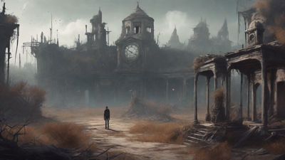 A barren, post-apocalyptic landscape with skeletal ruins, overgrown gardens, and a lone figure standing amidst the desolation, surrounded by flickering lanterns and a distant hint of a broken clock tower.