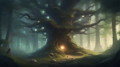A bleak, mystical forest, where ancient trees loom over a clearing, surrounded by a ring of mushrooms, and a faint glow emanates from a lone, glowing artifact, pulsing with an otherworldly energy.