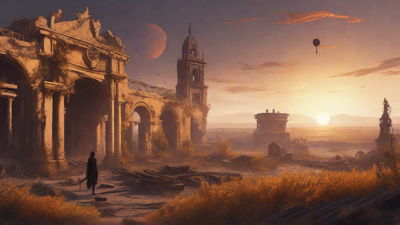 Barren wasteland, skeletal ruins, overgrown gardens, lone figure, flickering lanterns, and a broken clock tower in the distance, set against a perpetual golden sunset.
