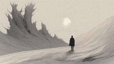 In the depths of a swirling void, a lone figure stands at the precipice, illuminated only by the faint glow of a dying star, as they embark on a perilous journey through the abyss towards an unknown destination.