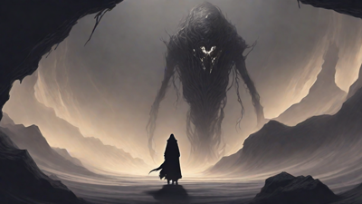 Guided by the void's dark whispers, a lone traveler ventures into the abyss, navigating through a realm of eternal darkness, guided by an unknown force that seeks rebirth and liberation from the void's grasp.