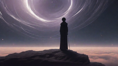 In a swirling void, a lone figure stands on the abyssal precipice, illuminated by the dying star, as they embark on a perilous journey through eternal darkness towards an unknown and mysterious destination.