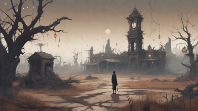 A barren, post-apocalyptic landscape with skeletal ruins, overgrown gardens, and a lone figure standing amidst the desolation, surrounded by flickering lanterns and a distant hint of a broken clock tower.