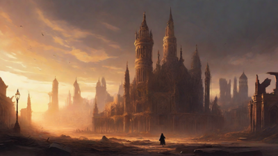 A hauntingly beautiful, ruined cityscape, with crumbling spires and grand architecture, set against a backdrop of a perpetual, golden sunset, with a lone figure dancing amidst the ruins.