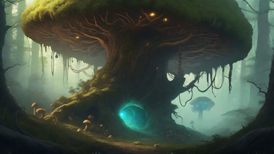 A bleak, mystical forest, where ancient trees loom over a clearing, surrounded by a ring of mushrooms, and a faint glow emanates from a lone, glowing artifact, pulsing with an otherworldly energy.