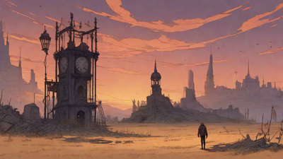 Barren wasteland, skeletal ruins, overgrown gardens, lone figure, flickering lanterns, and a broken clock tower in the distance, set against a perpetual golden sunset.