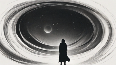 In the depths of a swirling void, a lone figure stands at the precipice, illuminated only by the faint glow of a dying star, as they embark on a perilous journey through the abyss towards an unknown destination.