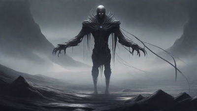 As the void's abyssal silence envelops them, a figure stands at the edge, their footsteps echoing through the void, guided by an unseen power that pushes them towards an otherworldly realm, where eternal rebirth awaits.