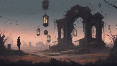 A barren, post-apocalyptic landscape with skeletal ruins, overgrown gardens, and a lone figure standing amidst the desolation, surrounded by flickering lanterns and a distant hint of a broken clock tower.