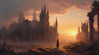 A hauntingly beautiful, ruined cityscape, with crumbling spires and grand architecture, set against a backdrop of a perpetual, golden sunset, with a lone figure dancing amidst the ruins.