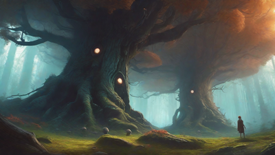 A bleak, mystical forest, where ancient trees loom over a clearing, surrounded by a ring of mushrooms, and a faint glow emanates from a lone, glowing artifact, pulsing with an otherworldly energy.