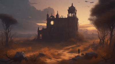 Barren wasteland, skeletal ruins, overgrown gardens, lone figure, flickering lanterns, and a broken clock tower in the distance, set against a perpetual golden sunset.