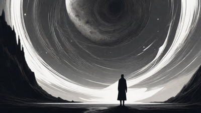 In the depths of a swirling void, a lone figure stands at the precipice, illuminated only by the faint glow of a dying star, as they embark on a perilous journey through the abyss towards an unknown destination.