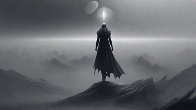 As the void's abyssal silence envelops them, a figure stands at the edge, their footsteps echoing through the void, guided by an unseen power that pushes them towards an otherworldly realm, where eternal rebirth awaits.