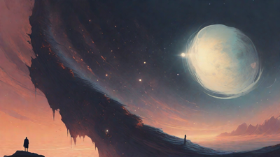 In a swirling void, a lone figure stands on the abyssal precipice, illuminated by the dying star, as they embark on a perilous journey through eternal darkness towards an unknown and mysterious destination.