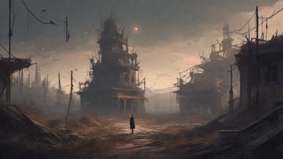 A barren, post-apocalyptic landscape with skeletal ruins, overgrown gardens, and a lone figure standing amidst the desolation, surrounded by flickering lanterns and a distant hint of a broken clock tower.