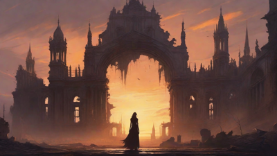 A hauntingly beautiful, ruined cityscape, with crumbling spires and grand architecture, set against a backdrop of a perpetual, golden sunset, with a lone figure dancing amidst the ruins.