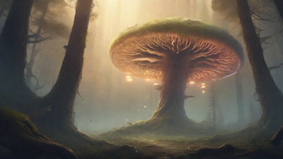 A bleak, mystical forest, where ancient trees loom over a clearing, surrounded by a ring of mushrooms, and a faint glow emanates from a lone, glowing artifact, pulsing with an otherworldly energy.