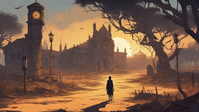 Barren wasteland, skeletal ruins, overgrown gardens, lone figure, flickering lanterns, and a broken clock tower in the distance, set against a perpetual golden sunset.