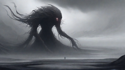 As the void's abyssal silence envelops them, a figure stands at the edge, their footsteps echoing through the void, guided by an unseen power that pushes them towards an otherworldly realm, where eternal rebirth awaits.