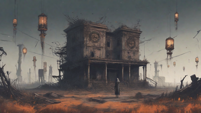 A barren, post-apocalyptic landscape with skeletal ruins, overgrown gardens, and a lone figure standing amidst the desolation, surrounded by flickering lanterns and a distant hint of a broken clock tower.