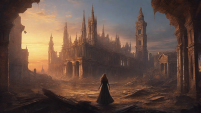 A hauntingly beautiful, ruined cityscape, with crumbling spires and grand architecture, set against a backdrop of a perpetual, golden sunset, with a lone figure dancing amidst the ruins.