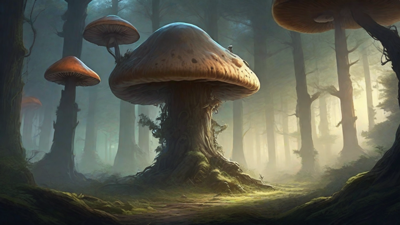 A bleak, mystical forest, where ancient trees loom over a clearing, surrounded by a ring of mushrooms, and a faint glow emanates from a lone, glowing artifact, pulsing with an otherworldly energy.