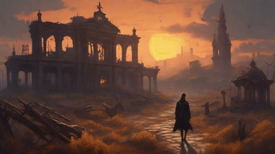 Barren wasteland, skeletal ruins, overgrown gardens, lone figure, flickering lanterns, and a broken clock tower in the distance, set against a perpetual golden sunset.