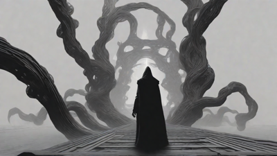 Guided by the void's dark whispers, a lone traveler ventures into the abyss, navigating through a realm of eternal darkness, guided by an unknown force that seeks rebirth and liberation from the void's grasp.