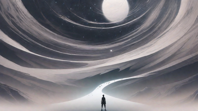 In a swirling void, a lone figure stands on the abyssal precipice, illuminated by the dying star, as they embark on a perilous journey through eternal darkness towards an unknown and mysterious destination.
