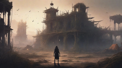 A barren, post-apocalyptic landscape with skeletal ruins, overgrown gardens, and a lone figure standing amidst the desolation, surrounded by flickering lanterns and a distant hint of a broken clock tower.