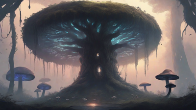 A bleak, mystical forest, where ancient trees loom over a clearing, surrounded by a ring of mushrooms, and a faint glow emanates from a lone, glowing artifact, pulsing with an otherworldly energy.