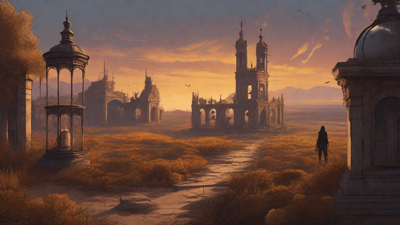 Barren wasteland, skeletal ruins, overgrown gardens, lone figure, flickering lanterns, and a broken clock tower in the distance, set against a perpetual golden sunset.