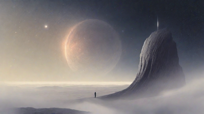 In the depths of a swirling void, a lone figure stands at the precipice, illuminated only by the faint glow of a dying star, as they embark on a perilous journey through the abyss towards an unknown destination.