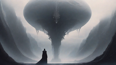 As the void's abyssal silence envelops them, a figure stands at the edge, their footsteps echoing through the void, guided by an unseen power that pushes them towards an otherworldly realm, where eternal rebirth awaits.