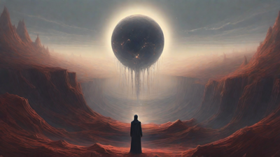 In a swirling void, a lone figure stands on the abyssal precipice, illuminated by the dying star, as they embark on a perilous journey through eternal darkness towards an unknown and mysterious destination.