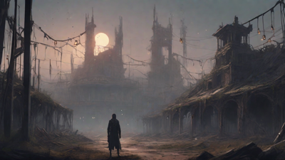 A barren, post-apocalyptic landscape with skeletal ruins, overgrown gardens, and a lone figure standing amidst the desolation, surrounded by flickering lanterns and a distant hint of a broken clock tower.