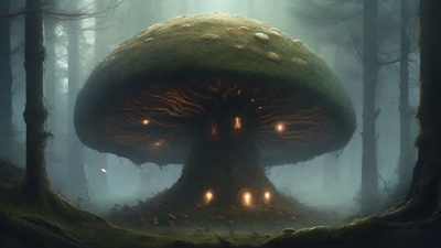A bleak, mystical forest, where ancient trees loom over a clearing, surrounded by a ring of mushrooms, and a faint glow emanates from a lone, glowing artifact, pulsing with an otherworldly energy.