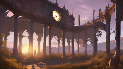 Barren wasteland, skeletal ruins, overgrown gardens, lone figure, flickering lanterns, and a broken clock tower in the distance, set against a perpetual golden sunset.