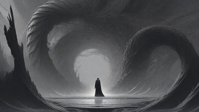 As the void's abyssal silence envelops them, a figure stands at the edge, their footsteps echoing through the void, guided by an unseen power that pushes them towards an otherworldly realm, where eternal rebirth awaits.