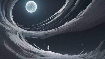 In a swirling void, a lone figure stands on the abyssal precipice, illuminated by the dying star, as they embark on a perilous journey through eternal darkness towards an unknown and mysterious destination.