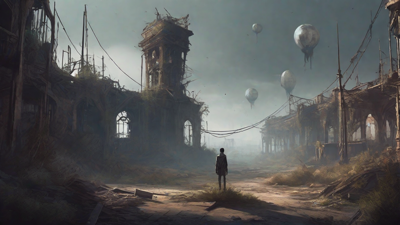 A barren, post-apocalyptic landscape with skeletal ruins, overgrown gardens, and a lone figure standing amidst the desolation, surrounded by flickering lanterns and a distant hint of a broken clock tower.