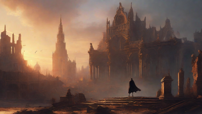 A hauntingly beautiful, ruined cityscape, with crumbling spires and grand architecture, set against a backdrop of a perpetual, golden sunset, with a lone figure dancing amidst the ruins.