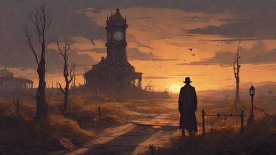 Barren wasteland, skeletal ruins, overgrown gardens, lone figure, flickering lanterns, and a broken clock tower in the distance, set against a perpetual golden sunset.