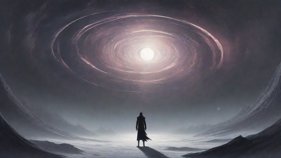 In a swirling void, a lone figure stands on the abyssal precipice, illuminated by the dying star, as they embark on a perilous journey through eternal darkness towards an unknown and mysterious destination.