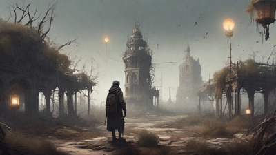 A barren, post-apocalyptic landscape with skeletal ruins, overgrown gardens, and a lone figure standing amidst the desolation, surrounded by flickering lanterns and a distant hint of a broken clock tower.