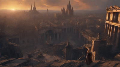 A hauntingly beautiful, ruined cityscape, with crumbling spires and grand architecture, set against a backdrop of a perpetual, golden sunset, with a lone figure dancing amidst the ruins.