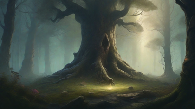 A bleak, mystical forest, where ancient trees loom over a clearing, surrounded by a ring of mushrooms, and a faint glow emanates from a lone, glowing artifact, pulsing with an otherworldly energy.