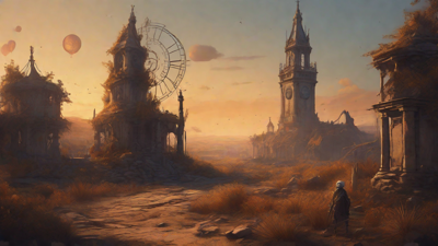 Barren wasteland, skeletal ruins, overgrown gardens, lone figure, flickering lanterns, and a broken clock tower in the distance, set against a perpetual golden sunset.