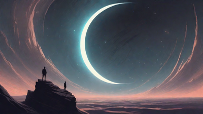 In the depths of a swirling void, a lone figure stands at the precipice, illuminated only by the faint glow of a dying star, as they embark on a perilous journey through the abyss towards an unknown destination.